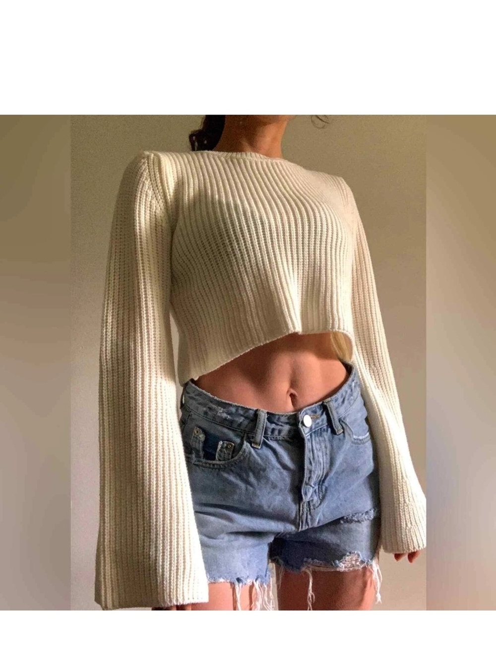 Princess Polly XS/S Ivory Cropped Knit Sweater Bell Sleeve
